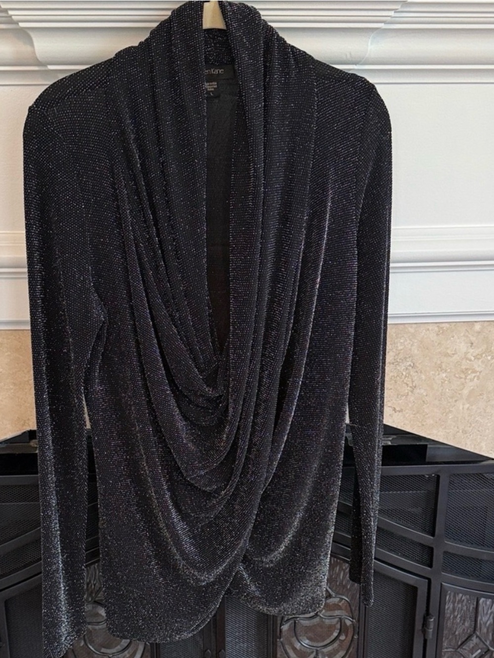 KAREN KANE BLACK METALLIC DRAPED COWL NECK TOP L